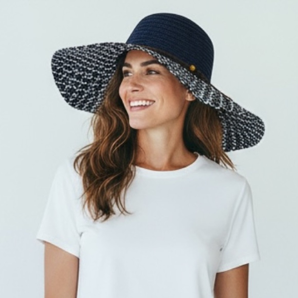 Fashion Hat Wide Brim Woven Sun Hat‎ Beaded String Band Blue NWT 9041